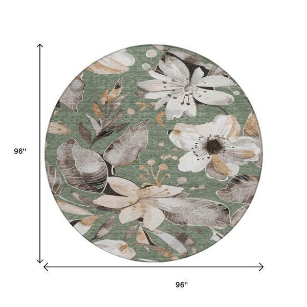 HomeRoots 8' Sage Ivory and Charcoal Round Floral Area Rug - Washable, Durable, Perfect for Indoor & Outdoor Use! 640860