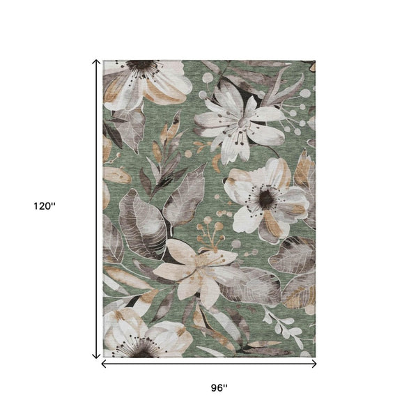 HomeRoots 8' X 10' Elegant Sage Ivory Charcoal Floral Washable Area Rug for Indoor & Outdoor Spaces 640861