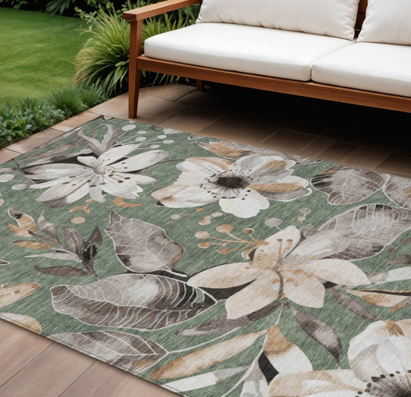 HomeRoots 8' X 10' Elegant Sage Ivory Charcoal Floral Washable Area Rug for Indoor & Outdoor Spaces 640861