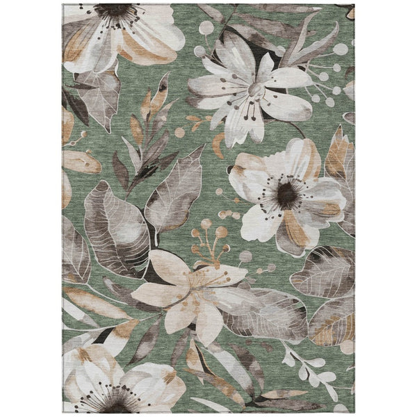 HomeRoots 8' X 10' Elegant Sage Ivory Charcoal Floral Washable Area Rug for Indoor & Outdoor Spaces 640861