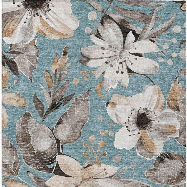HomeRoots 5' Stylish Teal Blue, Ivory & Charcoal Floral Area Rug - Washable & Durable for Indoor/Outdoor Use 640865