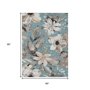 HomeRoots 5' Stylish Teal Blue, Ivory & Charcoal Floral Area Rug - Washable & Durable for Indoor/Outdoor Use 640865