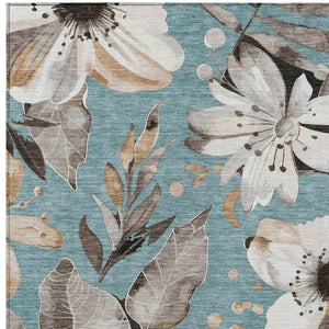 HomeRoots 5' Stylish Teal Blue, Ivory & Charcoal Floral Area Rug - Washable & Durable for Indoor/Outdoor Use 640865