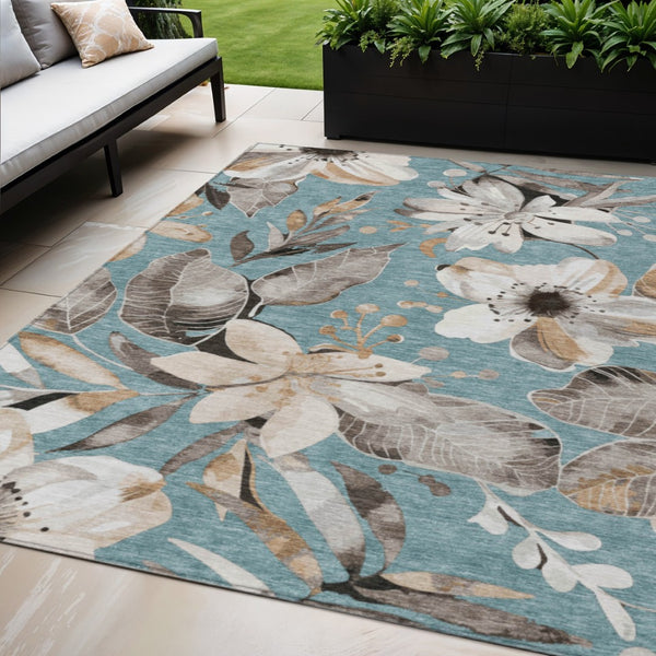 HomeRoots 5' Stylish Teal Blue, Ivory & Charcoal Floral Area Rug - Washable & Durable for Indoor/Outdoor Use 640865