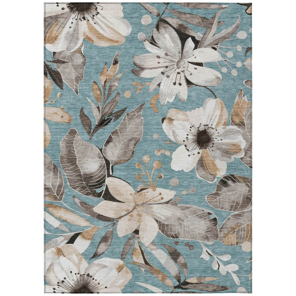 HomeRoots 5' Stylish Teal Blue, Ivory & Charcoal Floral Area Rug - Washable & Durable for Indoor/Outdoor Use 640865