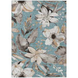 HomeRoots 5' Stylish Teal Blue, Ivory & Charcoal Floral Area Rug - Washable & Durable for Indoor/Outdoor Use 640865