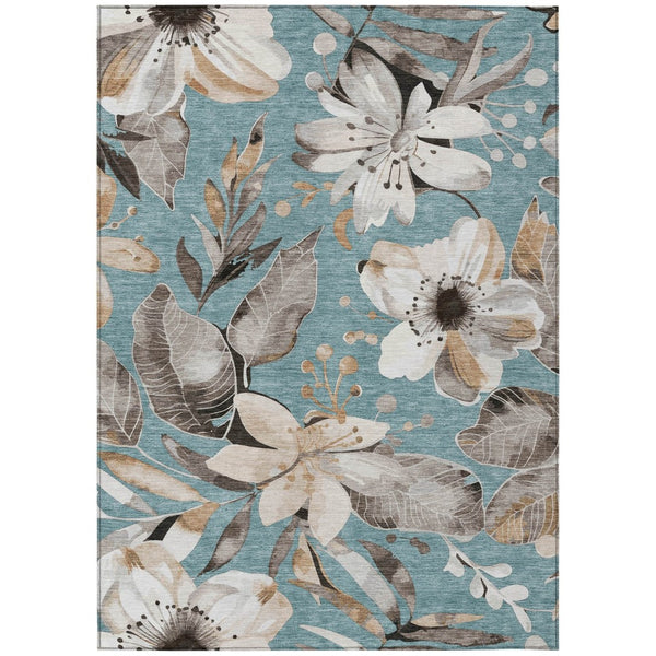 HomeRoots 5' Stylish Teal Blue, Ivory & Charcoal Floral Area Rug - Washable & Durable for Indoor/Outdoor Use 640865