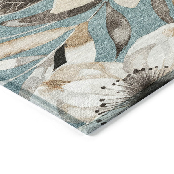 HomeRoots 5' Stylish Teal Blue, Ivory & Charcoal Floral Area Rug - Washable & Durable for Indoor/Outdoor Use 640865