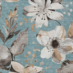 HomeRoots 5' Stylish Teal Blue, Ivory & Charcoal Floral Area Rug - Washable & Durable for Indoor/Outdoor Use 640865