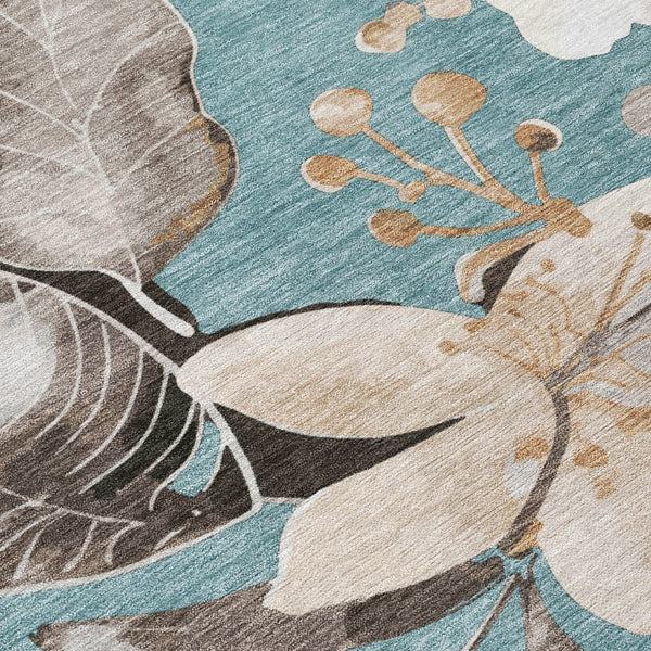 HomeRoots 5' Stylish Teal Blue, Ivory & Charcoal Floral Area Rug - Washable & Durable for Indoor/Outdoor Use 640865