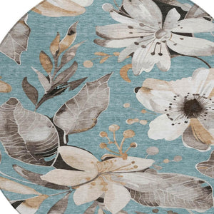 HomeRoots 8' Teal Blue Floral Area Rug - Stylish Indoor/Outdoor Washable Design for High-Traffic Spaces 640866