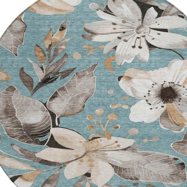 HomeRoots 8' Teal Blue Floral Area Rug - Stylish Indoor/Outdoor Washable Design for High-Traffic Spaces 640866