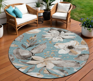 HomeRoots 8' Teal Blue Floral Area Rug - Stylish Indoor/Outdoor Washable Design for High-Traffic Spaces 640866