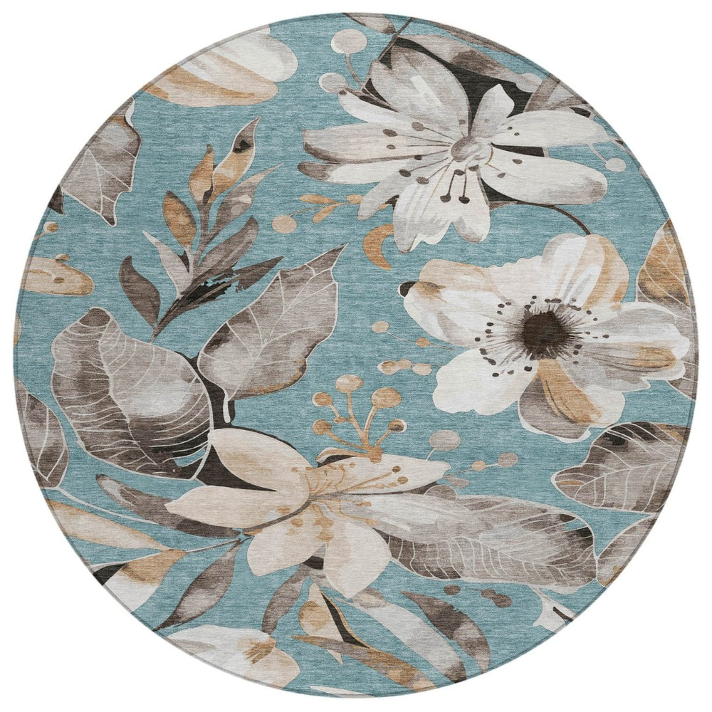 HomeRoots 8' Teal Blue Floral Area Rug - Stylish Indoor/Outdoor Washable Design for High-Traffic Spaces 640866