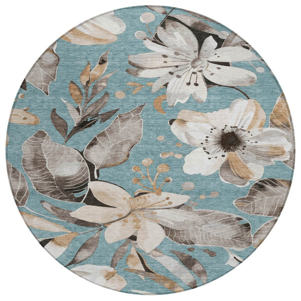 HomeRoots 8' Teal Blue Floral Area Rug - Stylish Indoor/Outdoor Washable Design for High-Traffic Spaces 640866