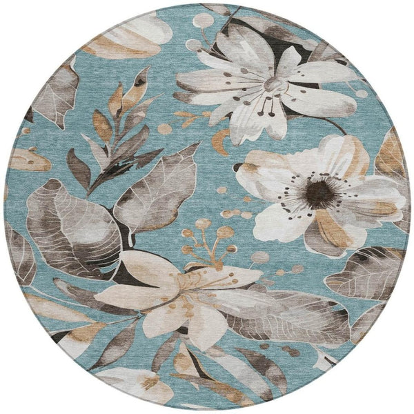 HomeRoots 8' Teal Blue Floral Area Rug - Stylish Indoor/Outdoor Washable Design for High-Traffic Spaces 640866