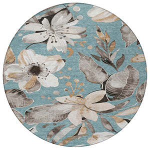 HomeRoots 8' Teal Blue Floral Area Rug - Stylish Indoor/Outdoor Washable Design for High-Traffic Spaces 640866