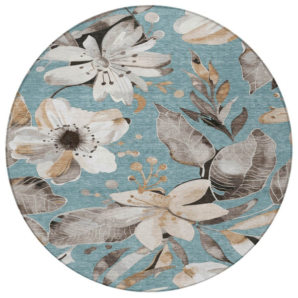 HomeRoots 8' Teal Blue Floral Area Rug - Stylish Indoor/Outdoor Washable Design for High-Traffic Spaces 640866