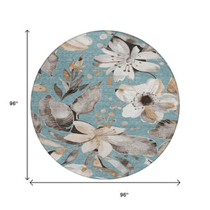 HomeRoots 8' Teal Blue Floral Area Rug - Stylish Indoor/Outdoor Washable Design for High-Traffic Spaces 640866