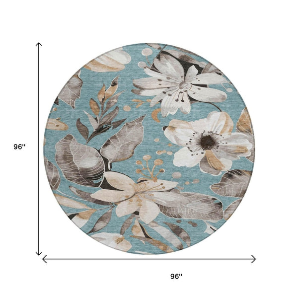 HomeRoots 8' Teal Blue Floral Area Rug - Stylish Indoor/Outdoor Washable Design for High-Traffic Spaces 640866