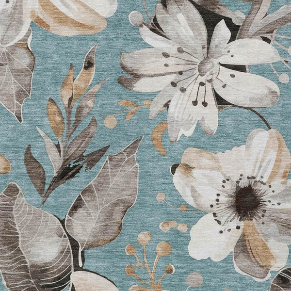 HomeRoots 8' X 10' Teal Blue Floral Washable Area Rug - Versatile Indoor/Outdoor Design for High-Traffic Spaces 640867