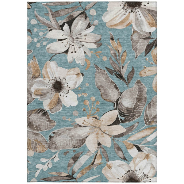 HomeRoots 9' X 12' Teal Blue Floral Area Rug - Durable, Washable, Stylish for Indoor and Outdoor Spaces! 640868