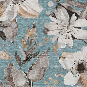 HomeRoots 9' X 12' Teal Blue Floral Area Rug - Durable, Washable, Stylish for Indoor and Outdoor Spaces! 640868