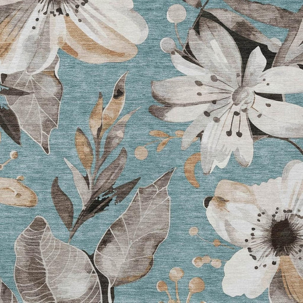 HomeRoots 9' X 12' Teal Blue Floral Area Rug - Durable, Washable, Stylish for Indoor and Outdoor Spaces! 640868