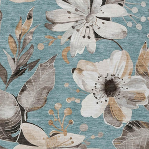 HomeRoots 9' X 12' Teal Blue Floral Area Rug - Durable, Washable, Stylish for Indoor and Outdoor Spaces! 640868