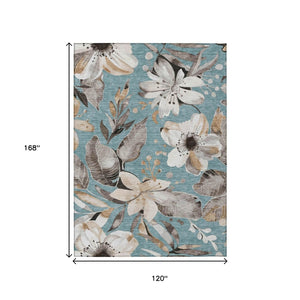 HomeRoots 10' Teal Blue Floral Indoor/Outdoor Area Rug - Washable, Stain-Resistant & Perfect for High-Traffic Areas 640869