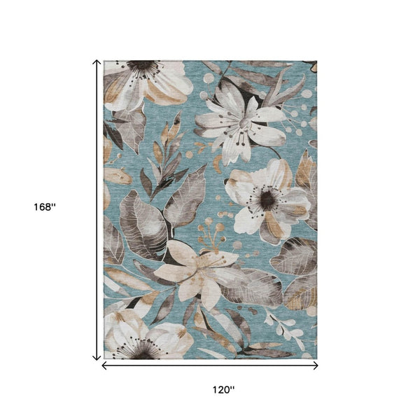 HomeRoots 10' Teal Blue Floral Indoor/Outdoor Area Rug - Washable, Stain-Resistant & Perfect for High-Traffic Areas 640869