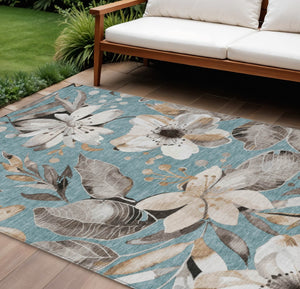 HomeRoots 10' Teal Blue Floral Indoor/Outdoor Area Rug - Washable, Stain-Resistant & Perfect for High-Traffic Areas 640869