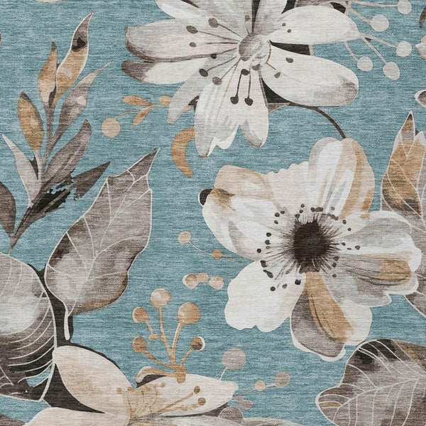HomeRoots 10' Teal Blue Floral Indoor/Outdoor Area Rug - Washable, Stain-Resistant & Perfect for High-Traffic Areas 640869