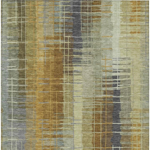 HomeRoots 5' Artichoke Green & Gold Striped Washable Area Rug - Versatile Indoor/Outdoor Style & Durability! 640871