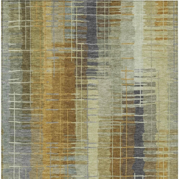 HomeRoots 5' Artichoke Green & Gold Striped Washable Area Rug - Versatile Indoor/Outdoor Style & Durability! 640871