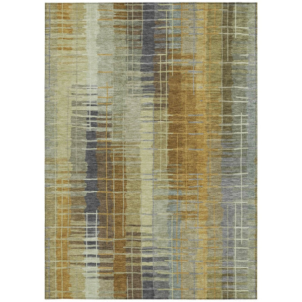 HomeRoots 5' Artichoke Green & Gold Striped Washable Area Rug - Versatile Indoor/Outdoor Style & Durability! 640871