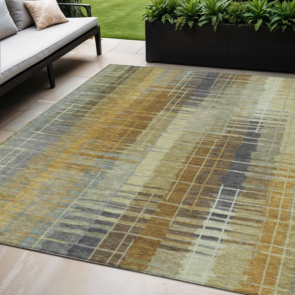 HomeRoots 5' Artichoke Green & Gold Striped Washable Area Rug - Versatile Indoor/Outdoor Style & Durability! 640871