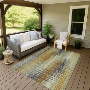 HomeRoots 5' Artichoke Green & Gold Striped Washable Area Rug - Versatile Indoor/Outdoor Style & Durability! 640871