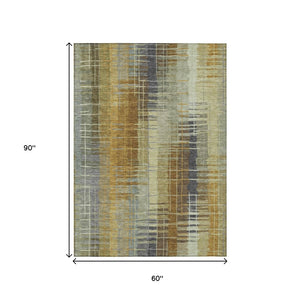 HomeRoots 5' Artichoke Green & Gold Striped Washable Area Rug - Versatile Indoor/Outdoor Style & Durability! 640871