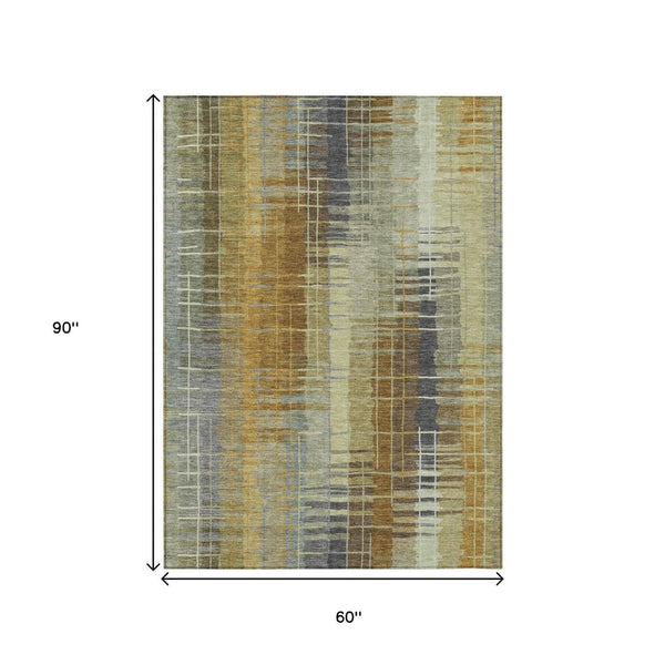 HomeRoots 5' Artichoke Green & Gold Striped Washable Area Rug - Versatile Indoor/Outdoor Style & Durability! 640871