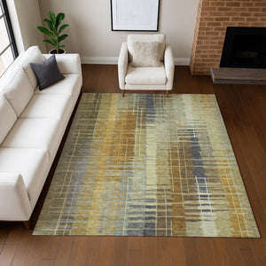 HomeRoots 5' Artichoke Green & Gold Striped Washable Area Rug - Versatile Indoor/Outdoor Style & Durability! 640871