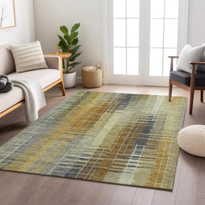 HomeRoots 5' Artichoke Green & Gold Striped Washable Area Rug - Versatile Indoor/Outdoor Style & Durability! 640871