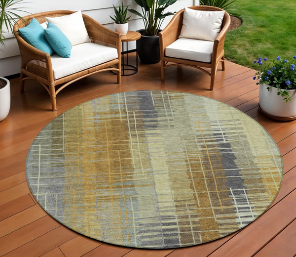 HomeRoots 8' Artichoke Green & Gold Round Area Rug - Stylish, Washable, Durable for Indoor/Outdoor Use 640872