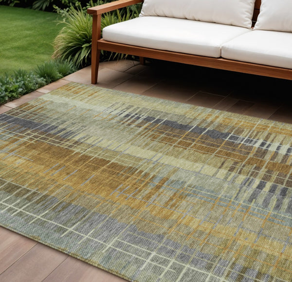HomeRoots 8' X 10' Stylish Artichoke Green & Gold Striped Washable Area Rug for Indoor/Outdoor Use 640873