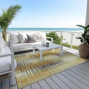 HomeRoots 8' X 10' Stylish Artichoke Green & Gold Striped Washable Area Rug for Indoor/Outdoor Use 640873