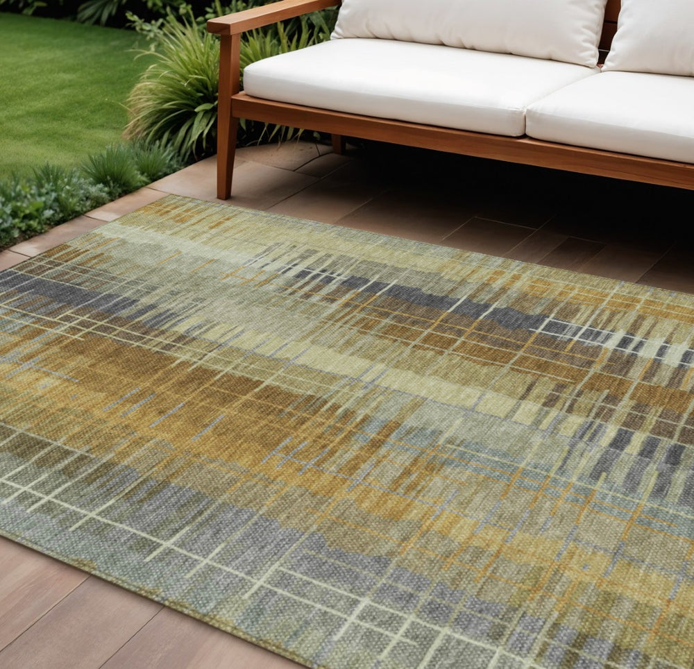 HomeRoots 9' X 12' Artichoke Green & Gold Striped Washable Area Rug – Perfect for Indoor & Outdoor Spaces! 640874
