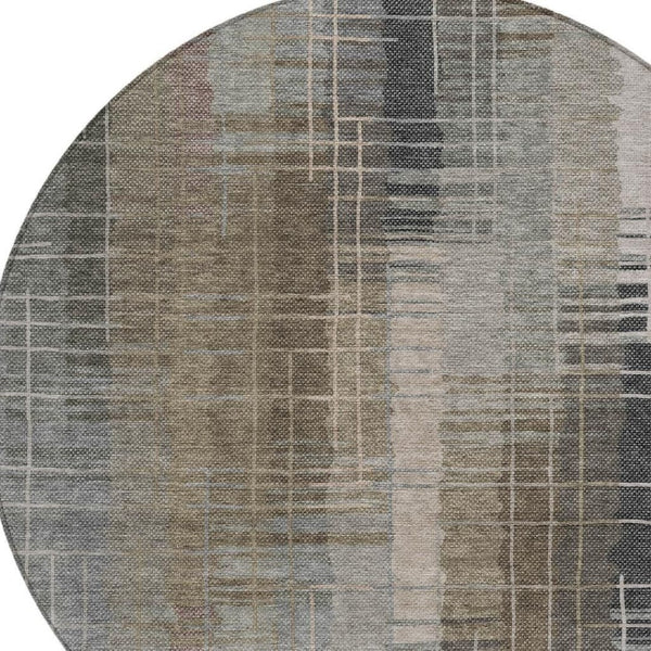 HomeRoots 8' Round Striped Area Rug in Brown and Gray - Washable, Durable, Ideal for Indoor & Outdoor Spaces 640878