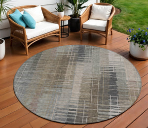 HomeRoots 8' Round Striped Area Rug in Brown and Gray - Washable, Durable, Ideal for Indoor & Outdoor Spaces 640878