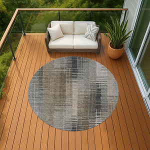 HomeRoots 8' Round Striped Area Rug in Brown and Gray - Washable, Durable, Ideal for Indoor & Outdoor Spaces 640878