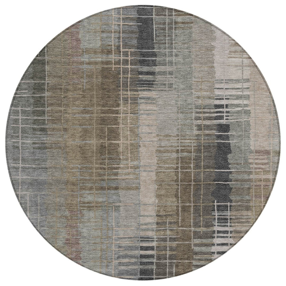 HomeRoots 8' Round Striped Area Rug in Brown and Gray - Washable, Durable, Ideal for Indoor & Outdoor Spaces 640878